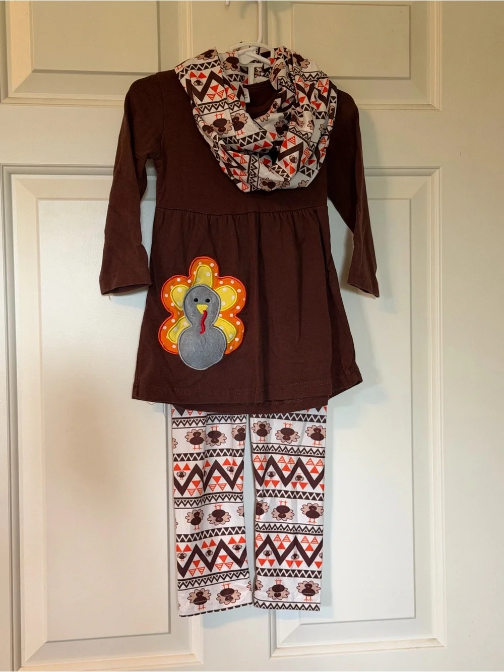 Girls Brown Turkey Appliqué Matching Set with Printed Scarf & Leggings